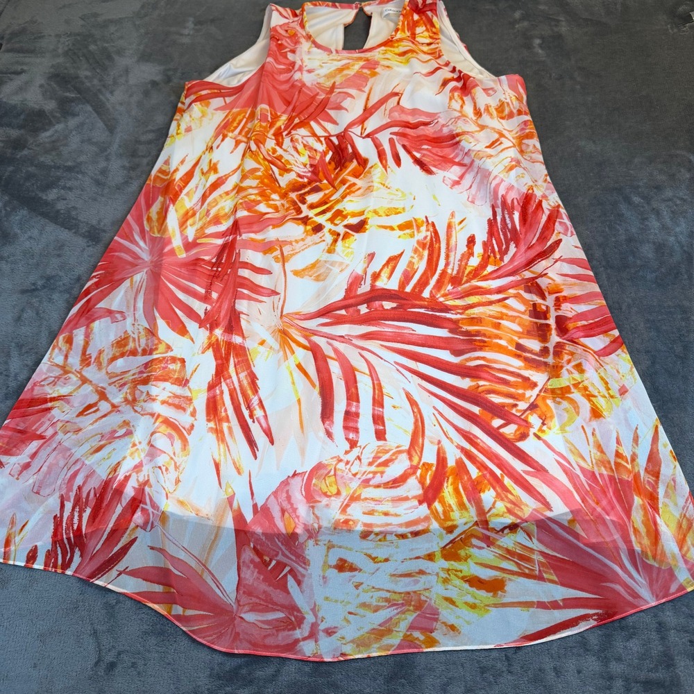 Calvin Klein Sleeveless Tropical Leaf Print A-Line Dress Women 14‎ Orange White